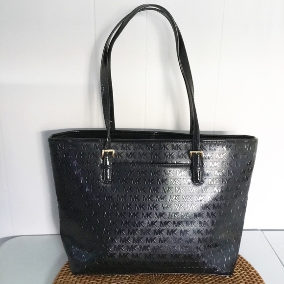Michael Kors Black Shoulder Bag Purse Embossed Monogram Tote - Picture 3 of 8